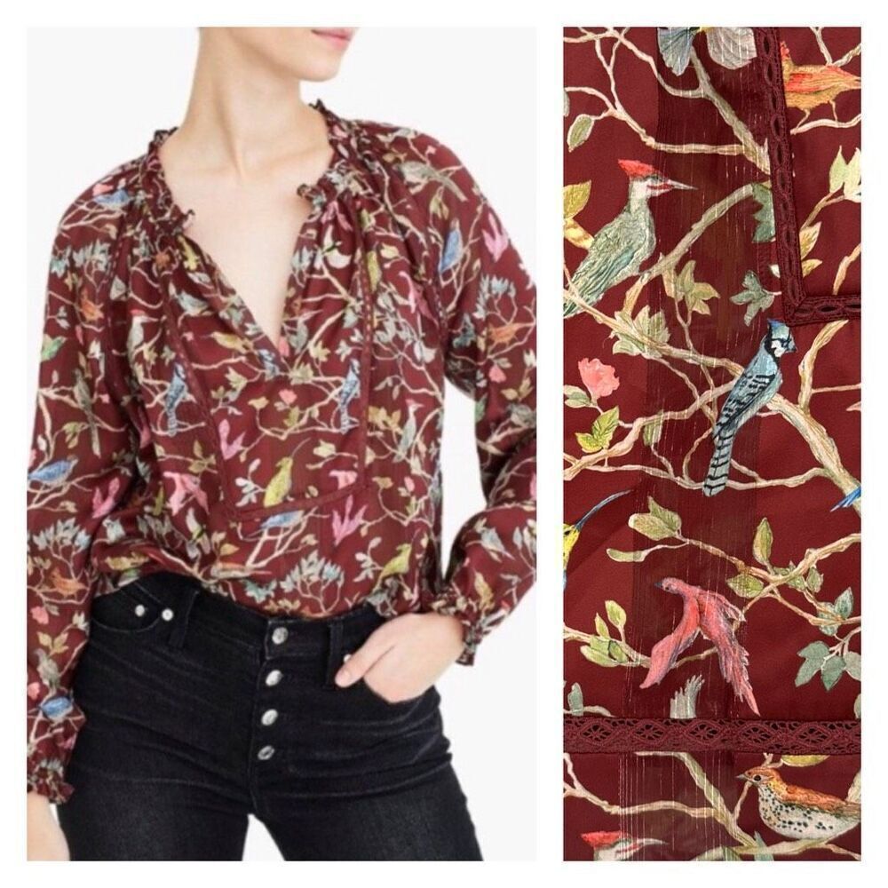 J. Crew Point Sur Ruffle Neck Popover Top Blouse Menagerie Bird Print Small